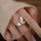 S925 Silver Natural Freshwater Pearl Butterfly Ring